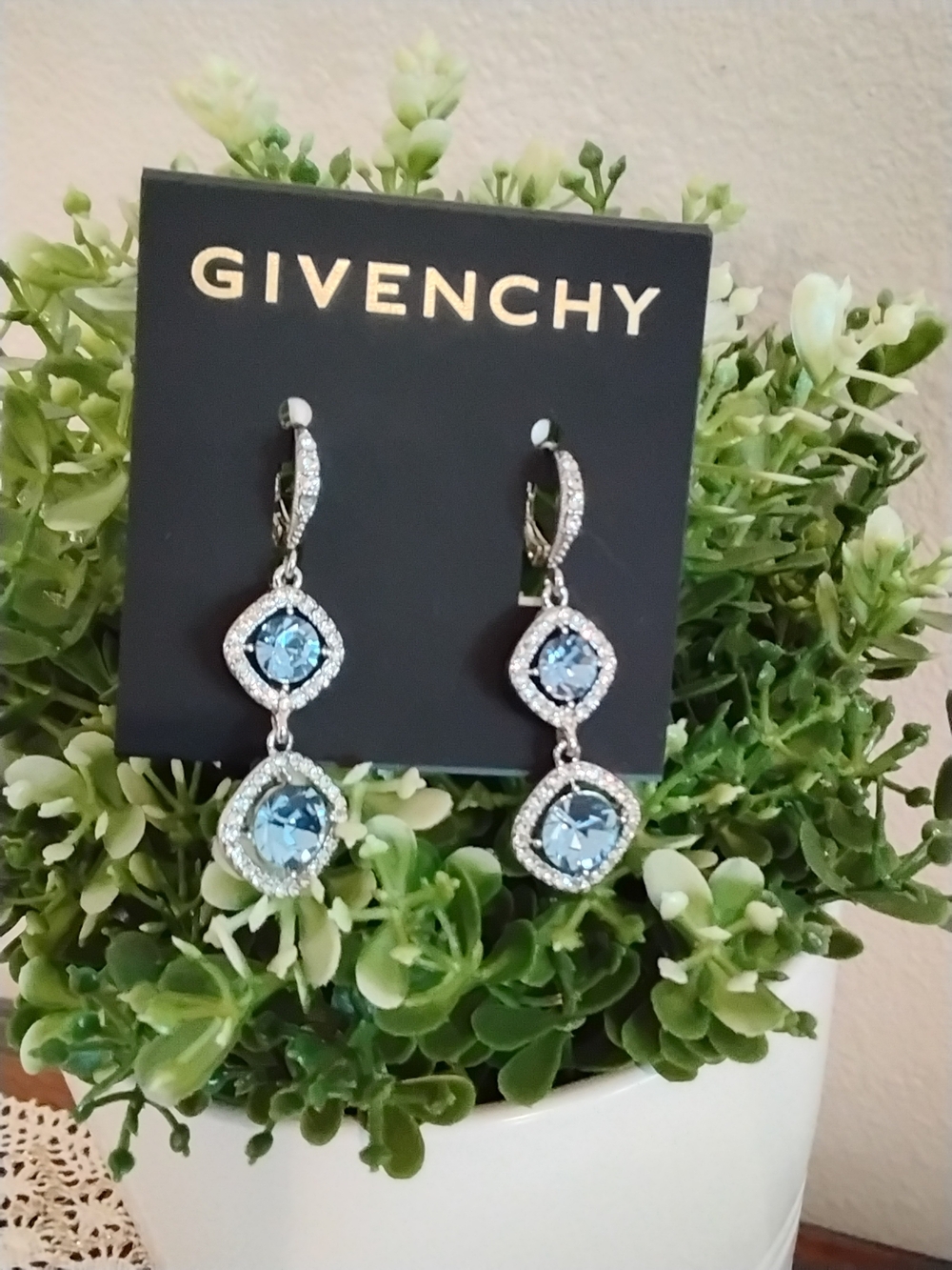 Givenchy Silver-Tone Drop Earrings with Sky Blue Crystals - Picture 3 of 3